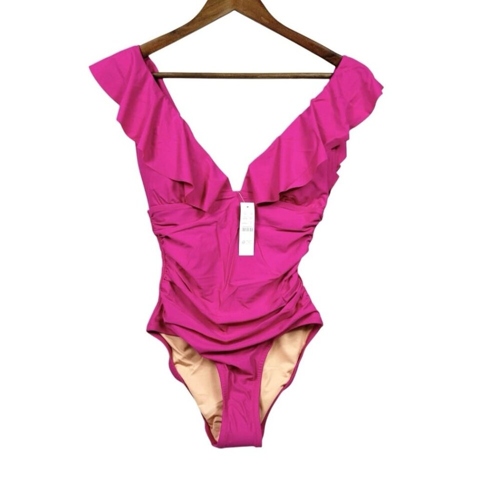 J. Crew Ruched Ruffle One-Piece‎ Swimsuit Women’s 8 Pink Radiant Fuchsia V-Neck
